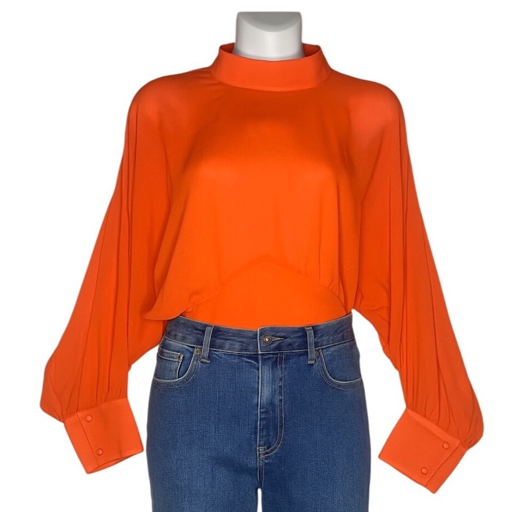 Zara Women's Chiffon Blouse L Orange Sheer Mock Neck